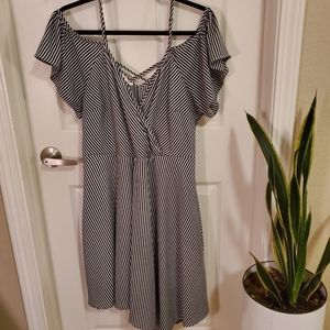 Black and white stripe cold shoulder dress